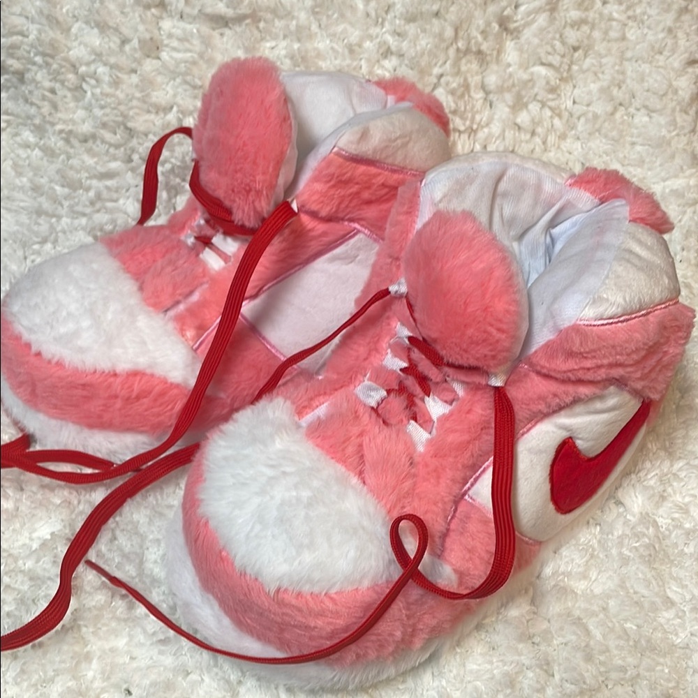 Nike Pink and White Slippers with Soft Plush Upper